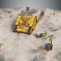 Ancient Desert Scene Featuring Yellow War Chariot Palm Trees And Wooden Crates In Arid Landscape