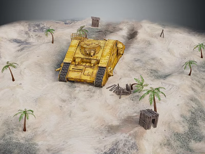 Ancient Desert Scene Featuring Yellow War Chariot Palm Trees And Wooden Crates In Arid Landscape 3d model