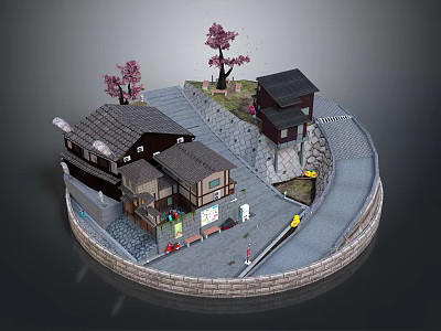 Traditional Japanese Houses With Cherry Blossom Trees Stone Paths Shops Stone Walls And Curved Road 3d model