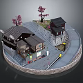 Traditional Japanese Houses With Cherry Blossom Trees Stone Paths Shops Stone Walls And Curved Road
