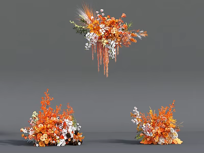 Orange And White Floral Decor With Hanging Arrangements And Decorative Elements 3d model