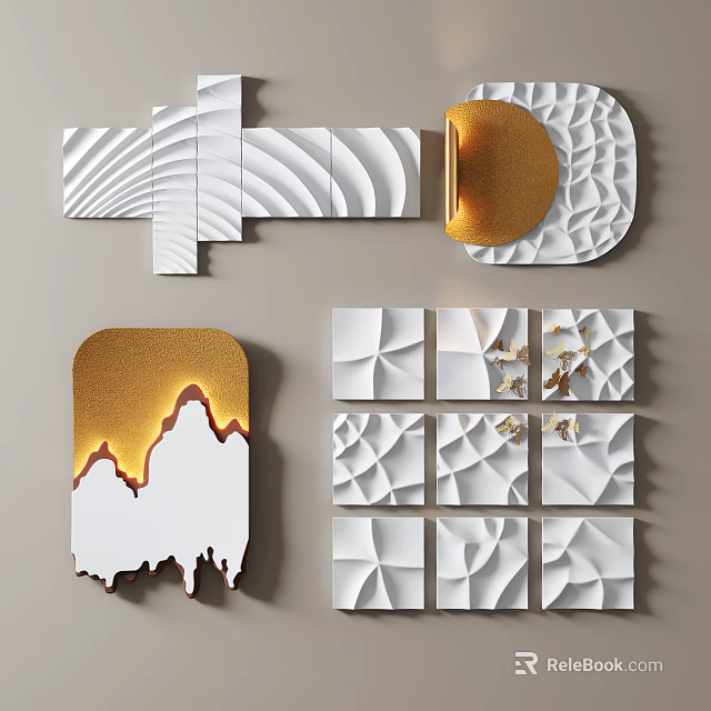 Modern Abstract Wall Decor With White Gold Textured Patterns And 3D Geometric Designs 3d model