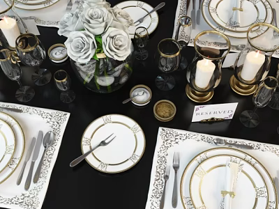 Elegant Tableware Combination with Gold Trimmed Plates Utensils White Roses Candles Glassware on Black Tablecloth 3d model