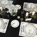 Elegant Tableware Combination with Gold Trimmed Plates Utensils White Roses Candles Glassware on Black Tablecloth
