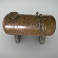 Rusty Industrial Metal Storage Tank with Support Stand and Surface Markings