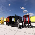 Industrial Equipment Scene With Yellow Forklifts Black Robotic Arms And Machinery