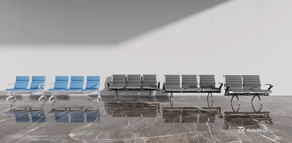 Blue And Gray Public Chairs With Metal Frame Arranged In Modern Indoor Marble Floor 3d model 
