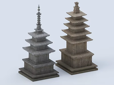 Two Pagoda Style Stone Pillars With Tiered Layers And Ornamental Tops 3d model