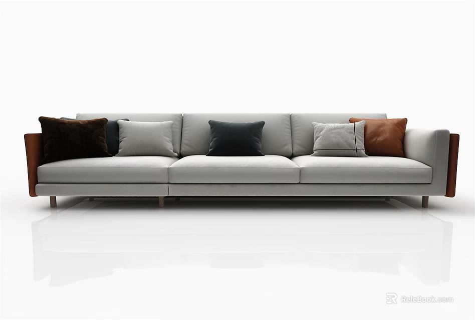 Modern Minimalist Three Seater Sofa with Light Grey Fabric and Assorted Color Pillows 3d model 