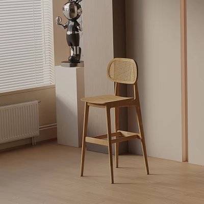 Wooden Bar Stool With Rattan Backrest In Modern Home Interior Design Style 3d model