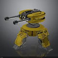 Futuristic Yellow Prototype Robot With Double Gun Barrels And Mechanical Legs