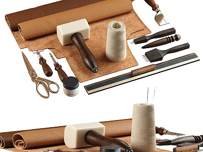Leather Craft Tools Including Scissors Mallet And Thread 3d model