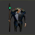 Old Man Character With Long White Beard Holding Staff With Green Gem And Backpack
