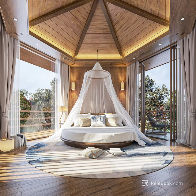 Hotel Guest Room with Round Bed White Canopy and Floor to Ceiling Windows Overlooking Trees 3d model 