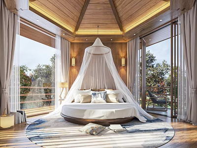 Hotel Guest Room with Round Bed White Canopy and Floor to Ceiling Windows Overlooking Trees 3d model