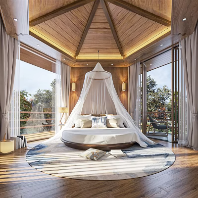Hotel Guest Room with Round Bed White Canopy and Floor to Ceiling Windows Overlooking Trees 3d model