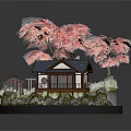 Traditional Architecture With Pink Cherry Blossom Trees Blue Roof Small Bridge Stream And Stone Lantern