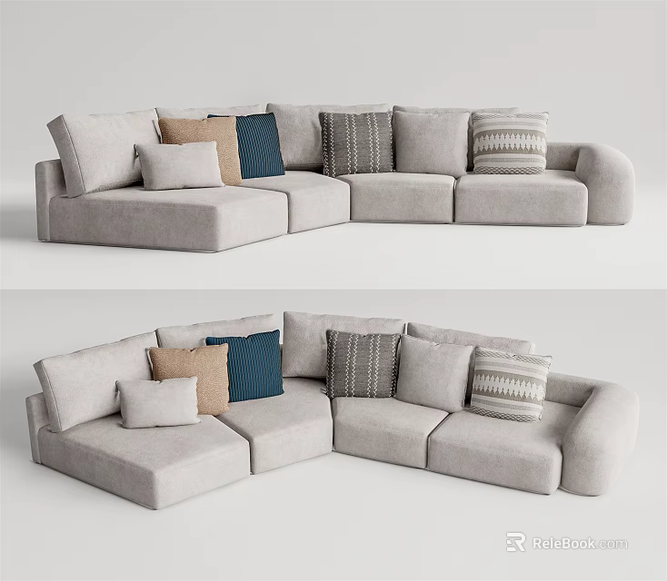 Light Gray Sectional Sofa With Multiple Colored Cushions Modern Comfortable Design 3d model