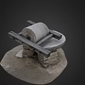 Traditional Stone Mill With Wooden Frame Stone Base and Ancient Grinding Tool