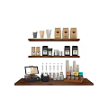 Modern Cafe Shelves Display With Condiment Bottles Coffee Bags Cups And Cash Register