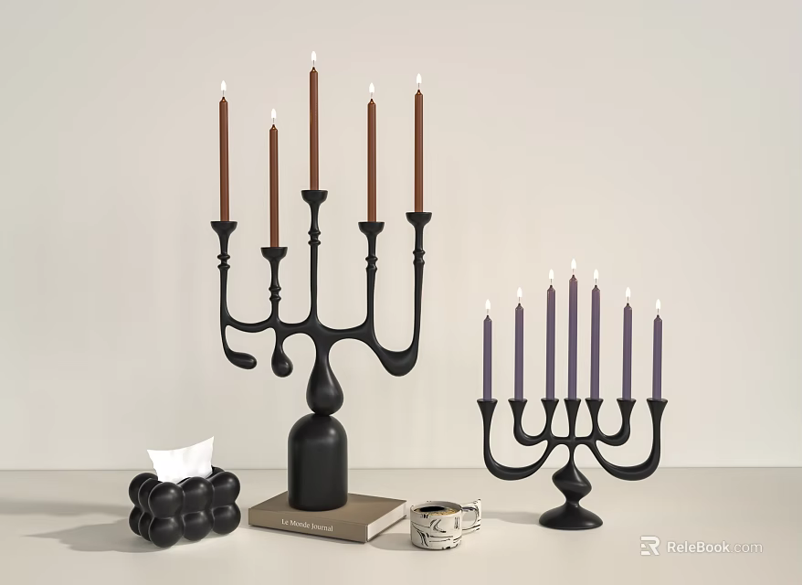 Elegant Black Candelabra with Brown and Purple Candles Minimalist Modern Table Decor 3d model 