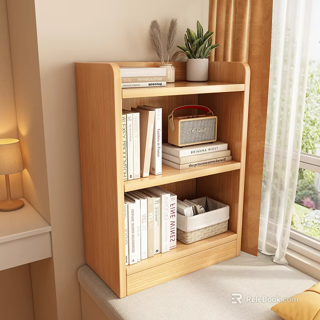 Wooden Bookcase With Books Potted Plant Decorative Box And Woven Basket By Window 3d model 