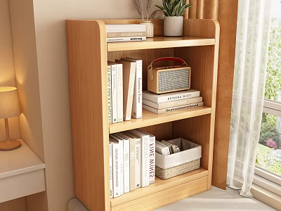 Wooden Bookcase With Books Potted Plant Decorative Box And Woven Basket By Window 3d model