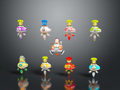 Colorful Cartoon Characters With Flying Vehicles And Main Pilot Figure 3d model