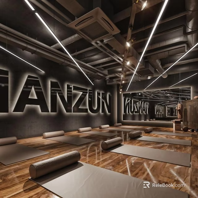 Modern Fitness Studio Interior With Yoga Mats Mirror Walls And Wooden Floors 3d model 