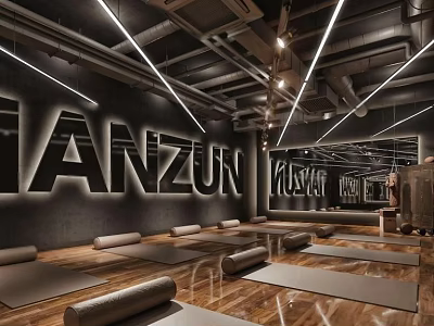 Modern Fitness Studio Interior With Yoga Mats Mirror Walls And Wooden Floors 3d model