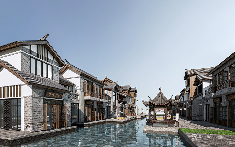 Classic Chinese Commercial Street Featuring Scenic Waterway Traditional Architecture Pavilion and Shops 3d model 