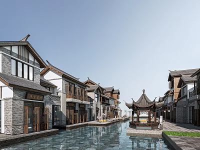 Classic Chinese Commercial Street Featuring Scenic Waterway Traditional Architecture Pavilion and Shops 3d model