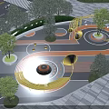 Modern Kids Play Area Design With Circular Yellow Structures Trees And Interactive Zones