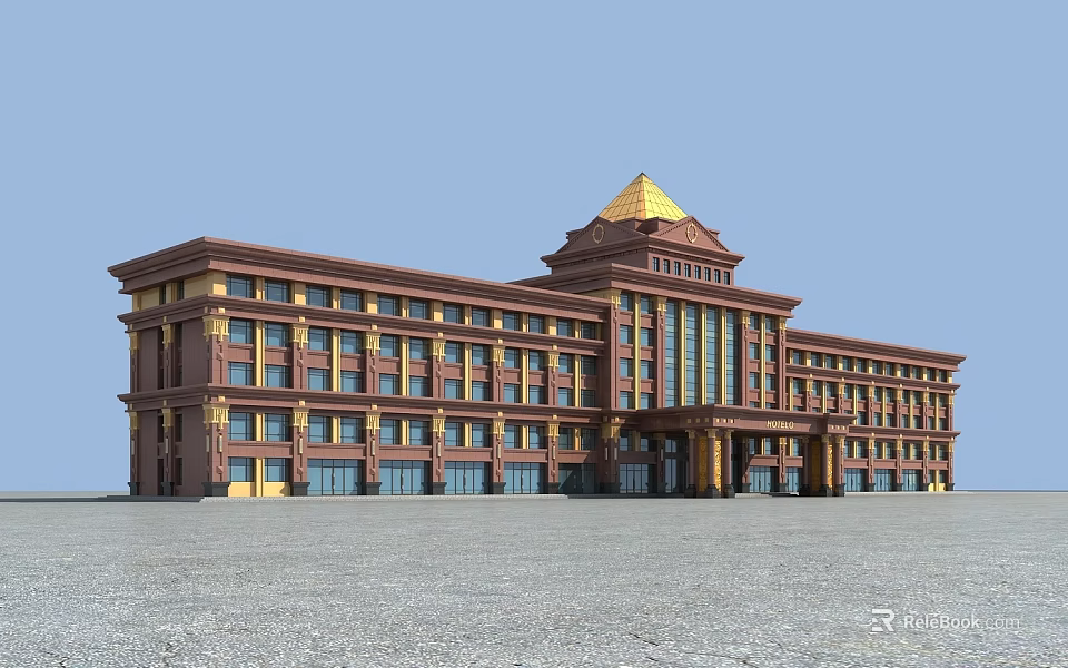 Classical Style Hotel Building With Golden Dome Brown Gold Exterior And Grand Design 3d model 