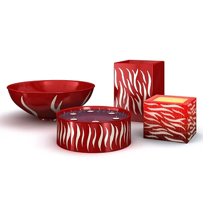 Red Ceramic Vessels with White Striped Patterns Including Bowl Cylindrical Container and Square Box 3d model