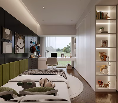 Modern Kids Room Interior Design With Green Headboard Bookshelf Desk And Wall Art 3d model