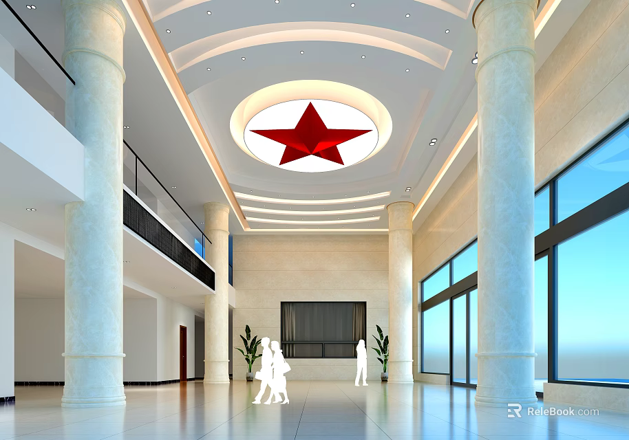 Front Desk Reception in Modern Lobby Featuring Red Star Ceiling White Pillars And Large Screen 3d model 