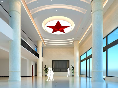 Front Desk Reception in Modern Lobby Featuring Red Star Ceiling White Pillars And Large Screen 3d model