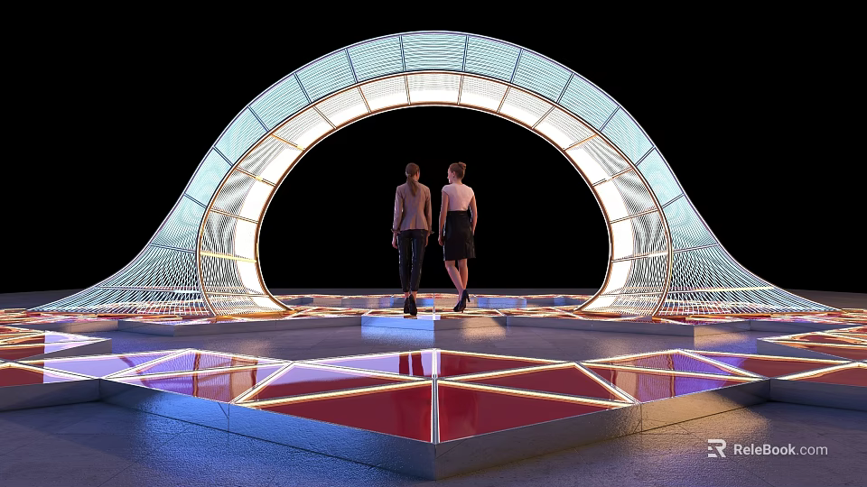 Event Entrance with Arched Lighting Structure and Reflective Geometric Floor Design where Two People Stand 3d model 