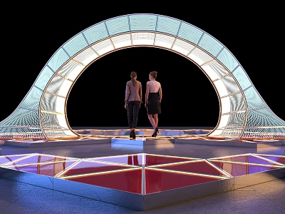 Event Entrance with Arched Lighting Structure and Reflective Geometric Floor Design where Two People Stand 3d model