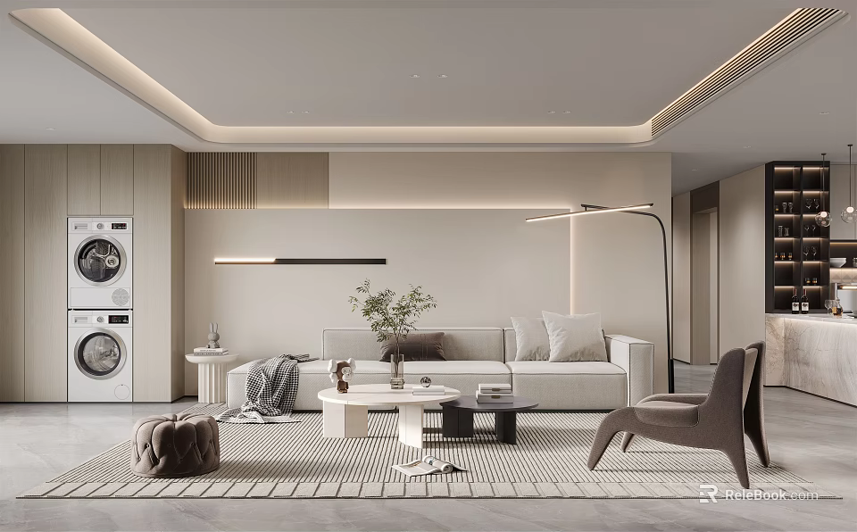 Modern Living Room Interior With White Sofa Coffee Table Floor Lamp And Area Rug 3d model 