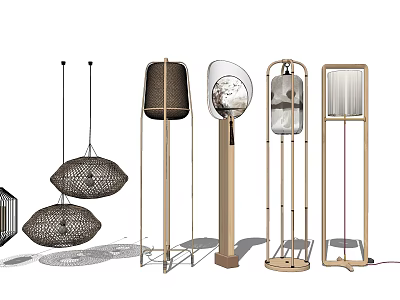 Modern Minimalist Lighting Combination With Metal Frame Floor Lamps And Fabric Pendant Lights 3d model