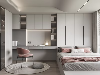 Tatami Bedroom Interior With Minimalist Design Built in Cabinets Writing Desk And Soft Lighting 3d model