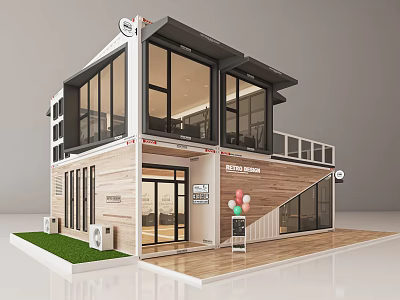 Two Story Container Storefront With Large Windows Wooden Panels And Balloons Exterior Design 3d model