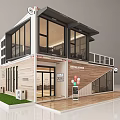 Two Story Container Storefront With Large Windows Wooden Panels And Balloons Exterior Design