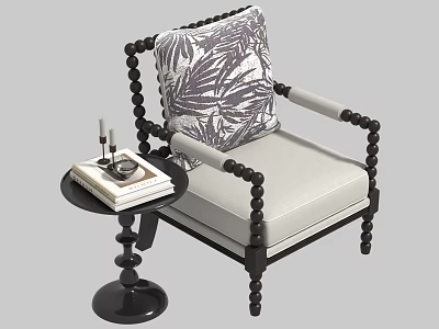 Elegant Accent Chair With Black Beaded Armrests Light Cushion Leaf Pattern Pillow And Side Table 3d model