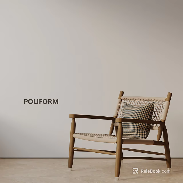 Poliform Accent Chair with Wooden Frame Woven Seat and Plaid Cushion 3d model 