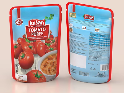 Kissan Tomato Puree Red Pouch With Fresh Tomato Image Cooking Dish And Back Nutrition Label 3d model