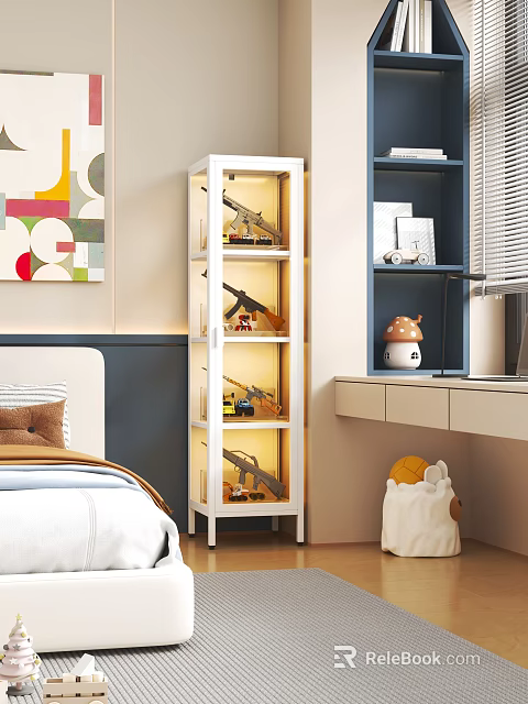 White Figurine Display Cabinet with LED Lighting and Multiple Shelves in Modern Bedroom Interior 3d model 