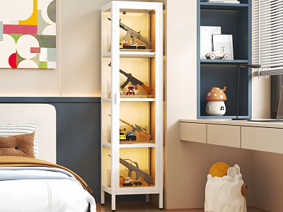 White Figurine Display Cabinet with LED Lighting and Multiple Shelves in Modern Bedroom Interior 3d model